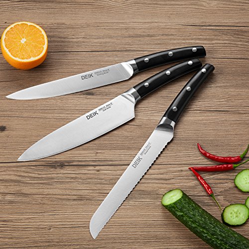 Deik Knife Set, Kitchen Knife Set, Stainless Steel Knife Block Set, 6 Pieces Chef Knife Set with Damp-Proof Wooden Block, Black