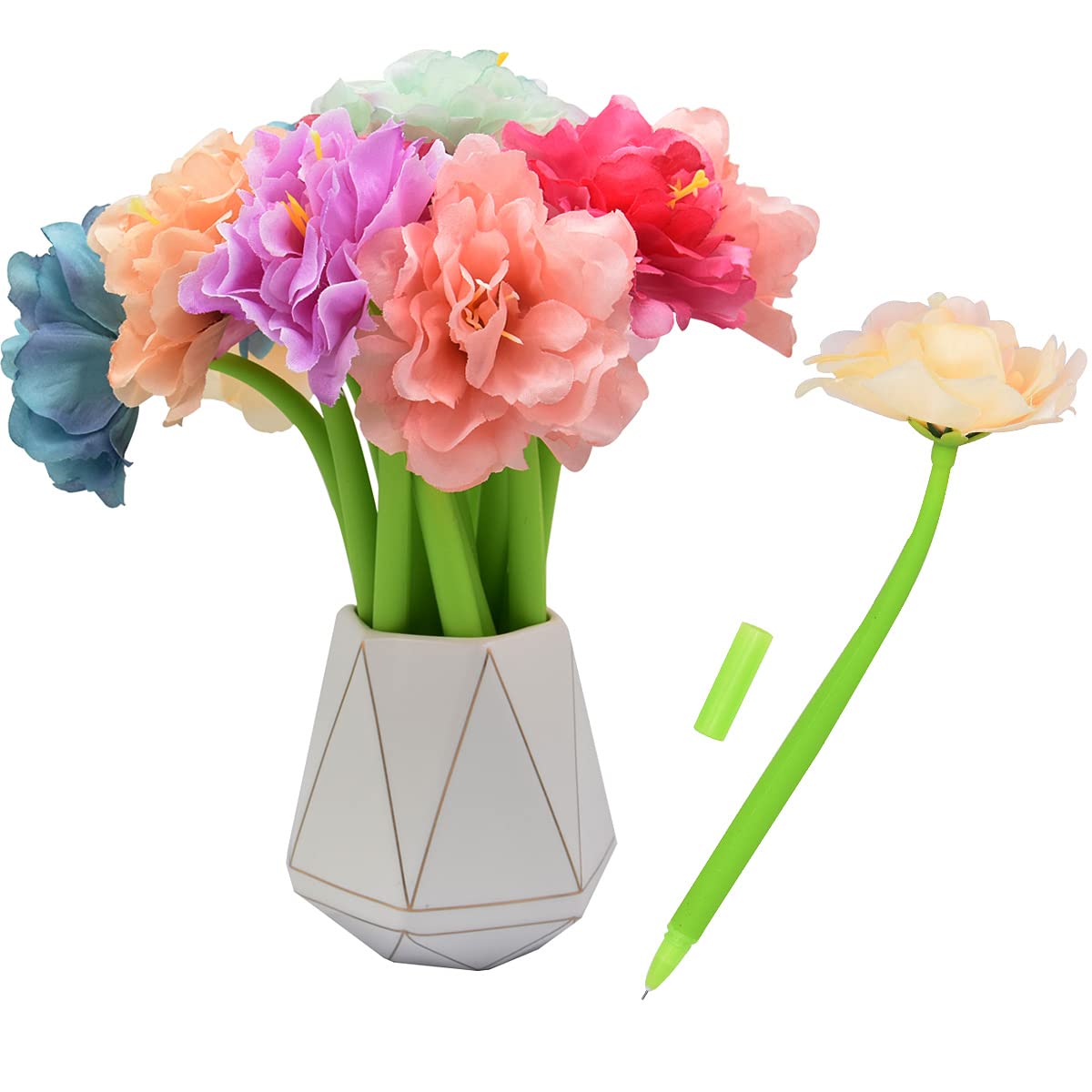 SIPLIV 12Pcs Creative Artificial Flowers Gel Ink Pen Ballpoint Pen Liquid Black 0.5mm Gel Ink Rollerball Pen for Girls Women, Office School Supplies - Peony