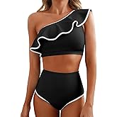 Herseas Women's One Shoulder Bikini Sets Color Block Trim Ruffle Hem Swimsuits Elegant Bathing Suits