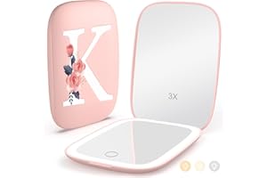 MOPIS Personalized Gifts for Women Girls, Rechargeable Travel Mirror with 3 Color Lights and Auto-Off Feature, 1X/3X Mini Led Compact Makeup Mirror for Purse, Stocking Stuffers for Girls Women-Letter K