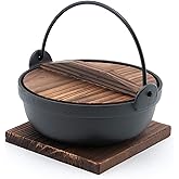 Happy Sales HSSN-PHP675, Japanese Design Cast Iron Nabe Sukiyaki Nabemono Personal Size Hot Pot With Wooden Lid, 28 fl.oz.