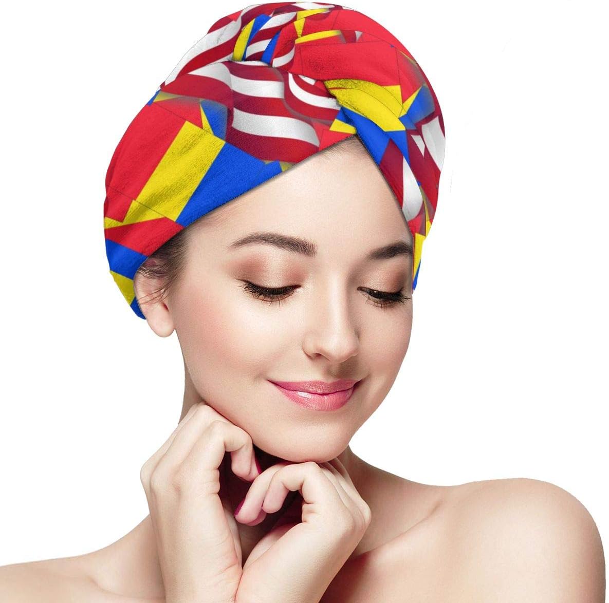 Hair Towel Wrap Turban Microfiber Quick Dry Hair Hat For Women, Long Hair Shower Cap Absorbent Twist Head Towels With Button Romania Flag With America Flag