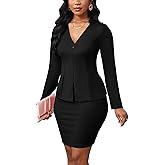 Women's 2 Piece Suit Skirt Set Business Long Sleeve Zip Up Blazer Jackets and Pencil Skirt Outfits Work Office