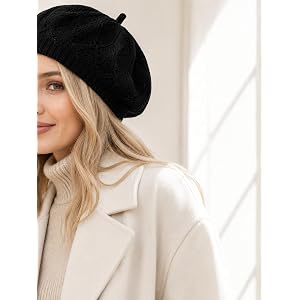 Women’s Knit Beret Hat, French Style Artist Cap with Leaf Pattern, Fashion Winter Hat for Casual Daily Wear Black