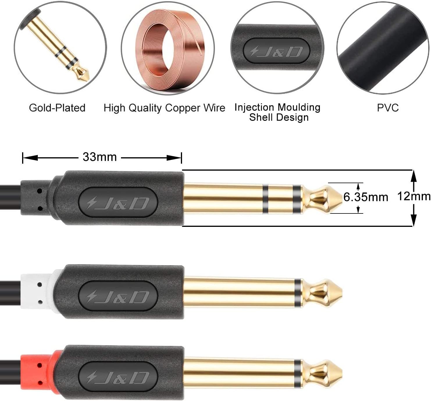 J&D 1/4 Inch TRS to Dual TS Y Splitter Cable - Image 4