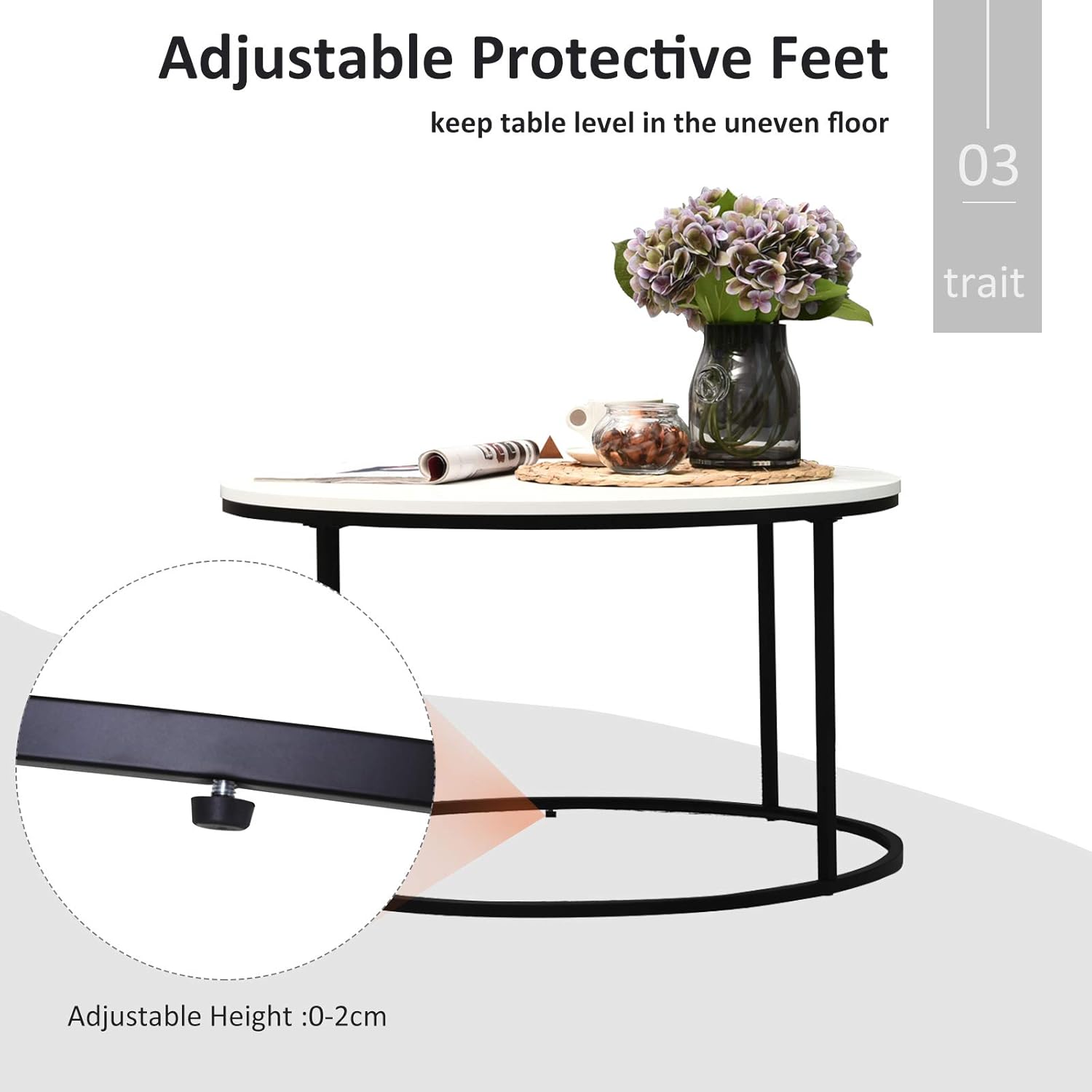 HOMCOM Wood Round Coffee Sofa Table Side with a Modern Design, Black Metal Frame and Easy Maintenance, White: Furniture & Decor