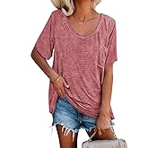 Womens Tunic T Shirts Short Sleeve Round Neck Soft Loose Shirts Summer Casual Tops with Pocket