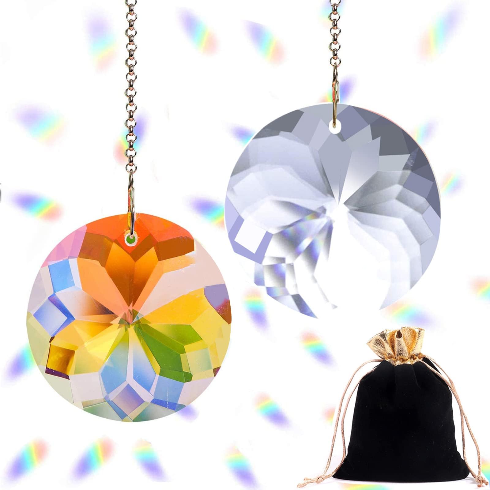 2pcs Crystal Ball Prism Suncatcher Window Hanging Glass Rainbow Sun Catcher Crystal Prism Suncatcher Ornament For Home Office, Garden Decoration Car Pendant (Colorful + Clear)