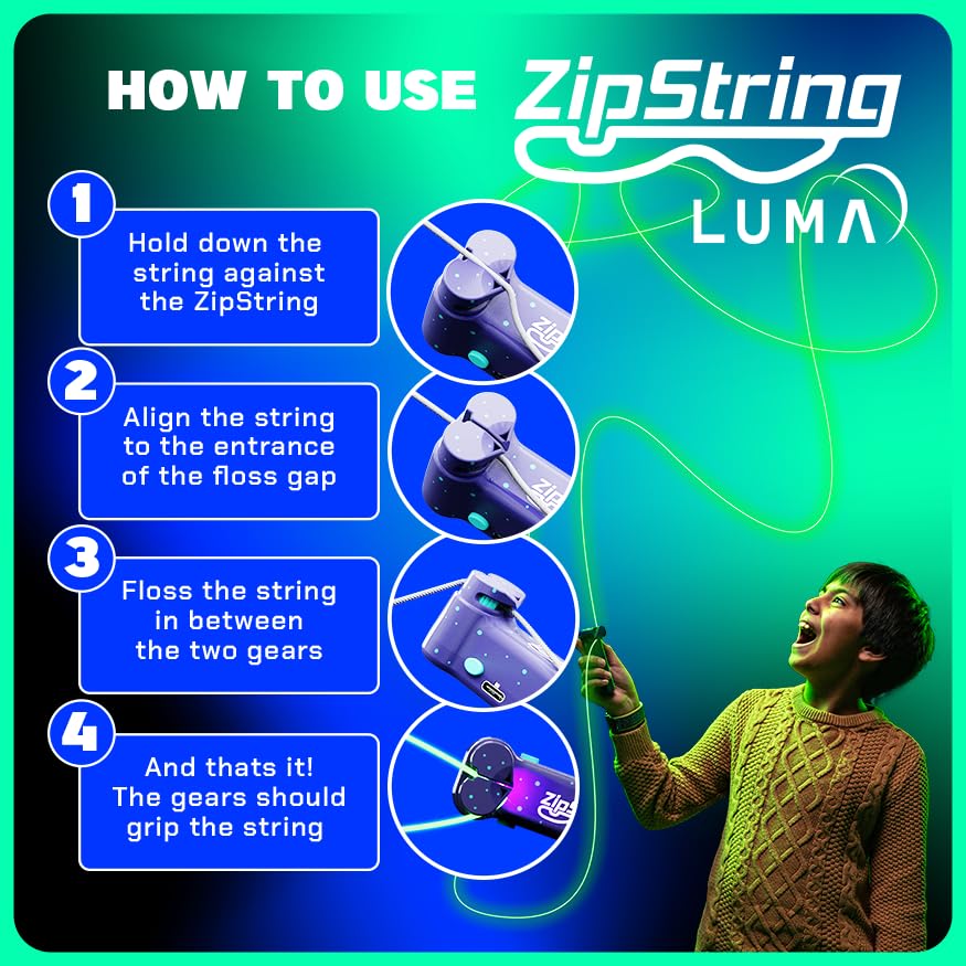 ZipString Luma - The Patented Glow-in-The-Dark Toy That Flies a Loop of String, Creates Endless Shapes and Tricks Built-in LED for Glowing Fun. Perfect STEM Gift for Kids & Adults. Wonderment Awaits