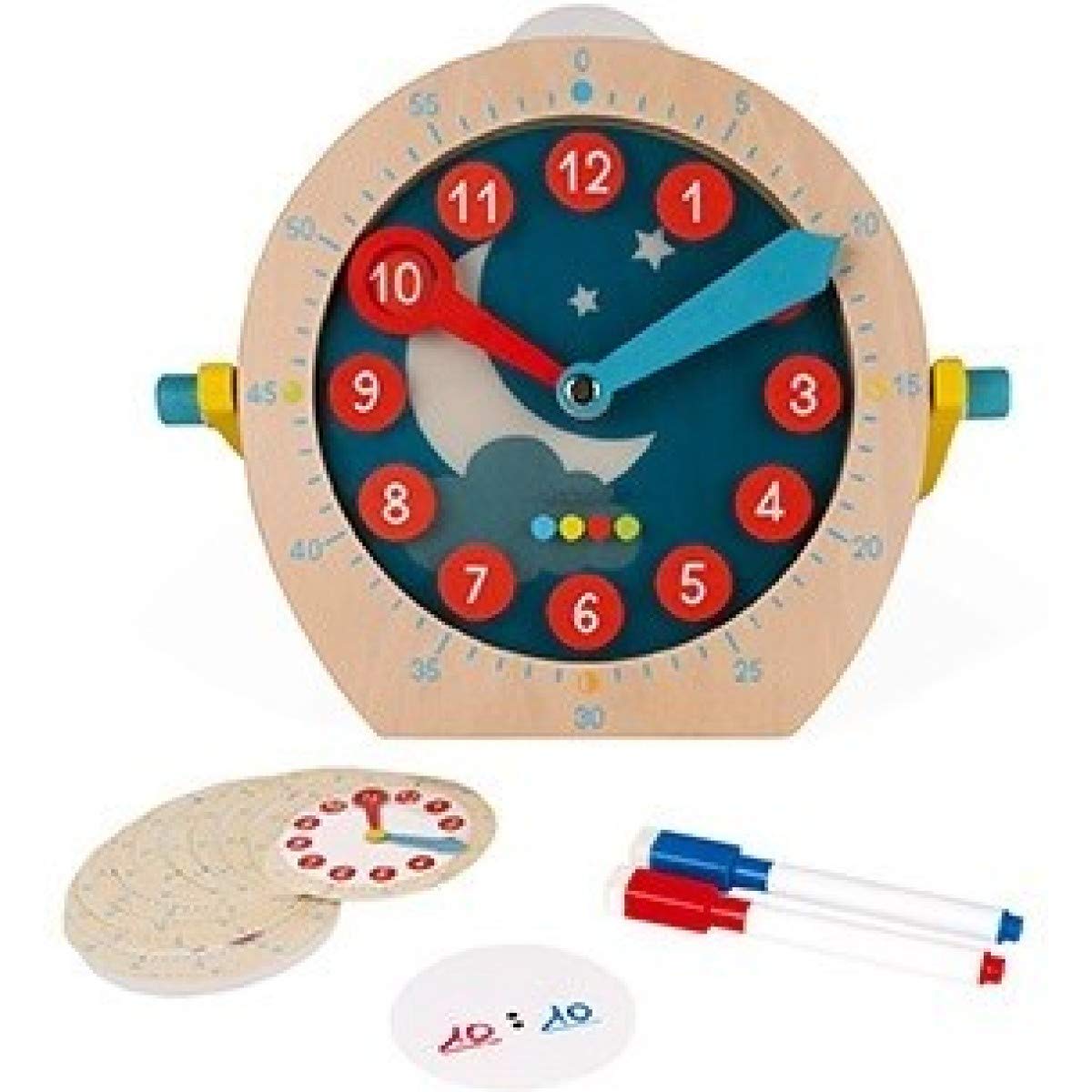 Janod - Essential - Learn the Time - Wooden Early Learning Educational Game - Teaches Numbers and Mathematics - 22 Accessories Included - Water-based Paint - 5 Years and up - J05076