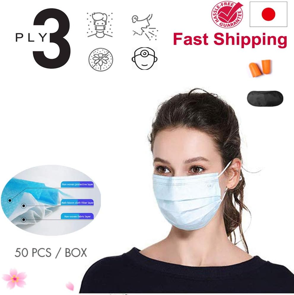 50-Pack Disposable Face Masks 3 Ply Thicker Anti Dust Breathable Filter Safety Mask With FREE Ear Plug & Eye Shade