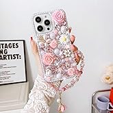 Threesee for iPhone 17 Pro Max Bling Case,Luxury Crystal Rhinestone Flowers Glitter Diamond Pearl Women Girls Kids Case Cover with Lanyard for iPhone 17 Pro Max 6.9 inch