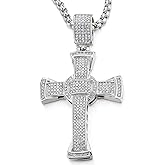 COOLSTEELANDBEYOND Mens Women Large Steel Cross Pendant Necklace with Cubic Zirconia and 30 inches Rope Chain