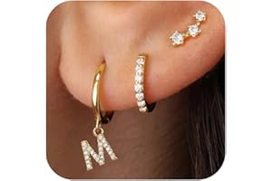 JIAOGE Gold Earrings for Women Girls - 3 Pairs Gold Huggie Hoop Earrings for Girls with Initial Dangle Cartilage Earrings Studs Hypoallergenic Earring Set for Multiple Piercing Gifts for Women Girl