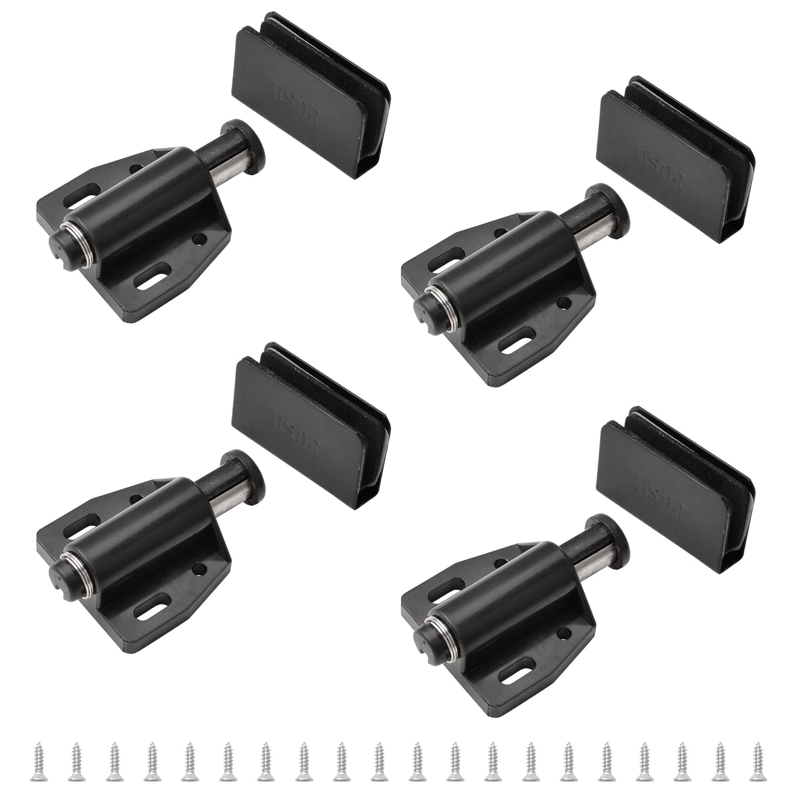 UFURMATE Glass Door Magnetic Catch Closures, 4 Set Push Open Single Glass Door Magnetic Touch Latchs with Adjustable Cabinet Clamp, Fit for 3-6mm Free-Swinging Glass Door (Black)