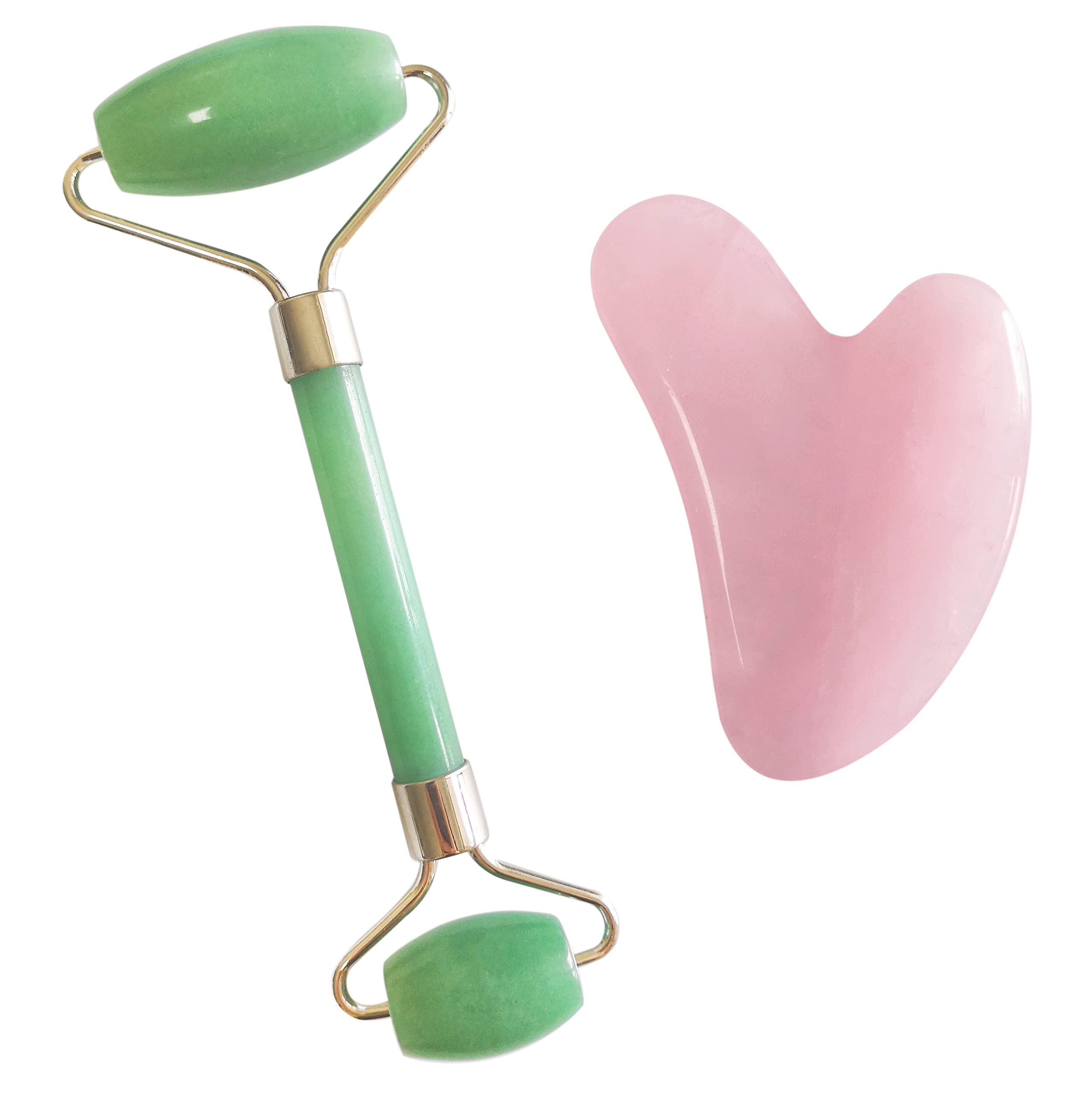 Mina Heal Rose Quartz Gua Sha and Jade Face Roller Set for Facelifting Scraping Anti-Wrinkles Anti-Aging Skin Detox and Rejuvenation