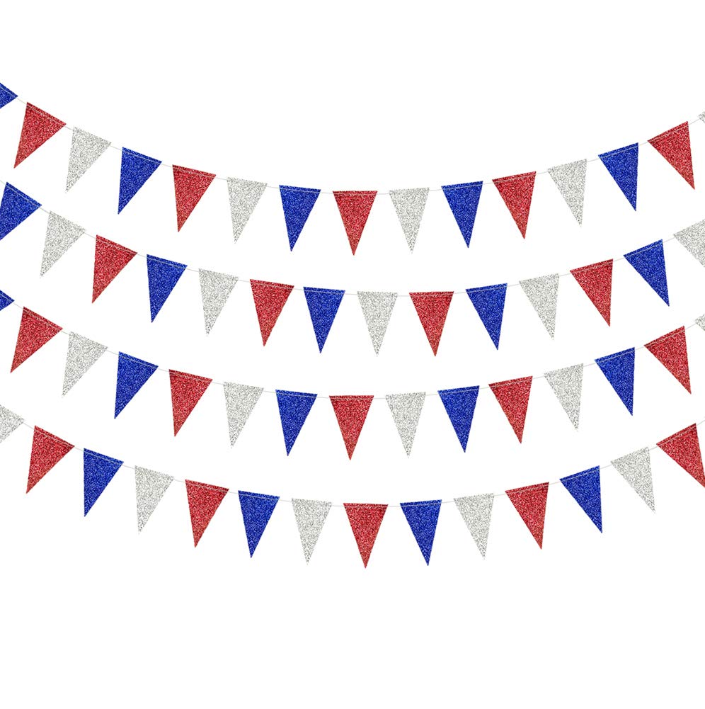 Decor365 Red Blue Silver/White Triangle Pennant Banner Kit Fourth/4th of July USA American Independent Day Celebration Party Flag Garland Hanging Bunting Decoration Birthday/Wedding/Baby Shower