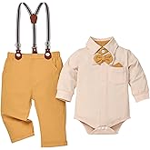 DOMOABEI Baby Boy Clothes Gentleman Outfits Infant Bodysuit Long Sleeve Shirt with Bowtie Suspender Pants Suits Set 0-18M