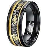 TUTISS 8mm Silver/Black Hammered Tungsten Rings for Men Women Meteorite Chip Gold Foil Inlay Promise Engagement Wedding Band Matte Finish Comfort Fit