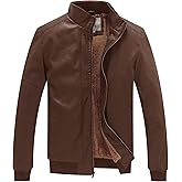 WenVen Men
s Stand Collar Fleece Lined Bomber Faux Leather Jacket