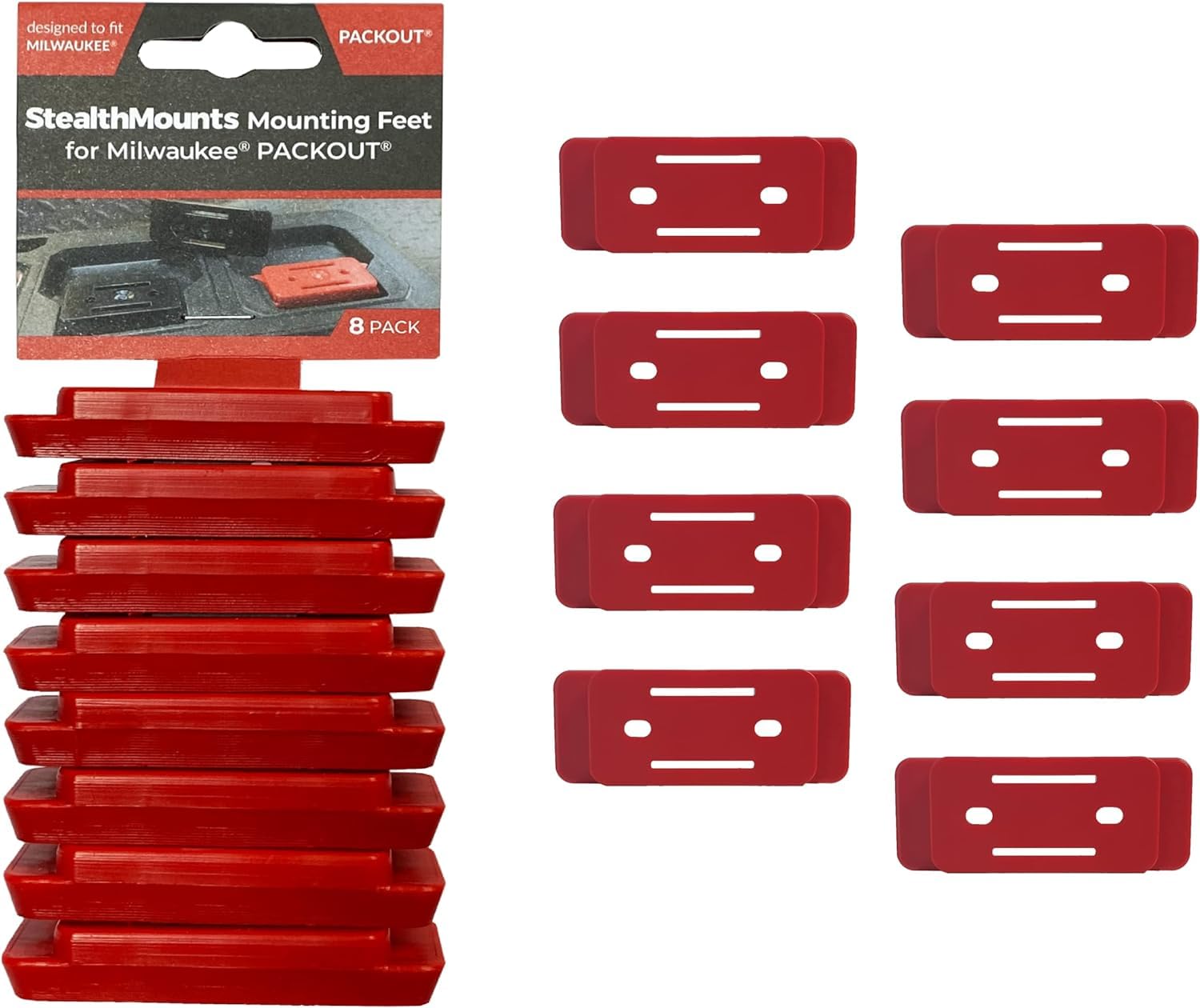 StealthMounts Mounting Feet Compatible with Milwaukee Packout System – 8 Pack Heavy Duty ABS Mounting Brackets for Tool Box & Workshop Organisation (Red)