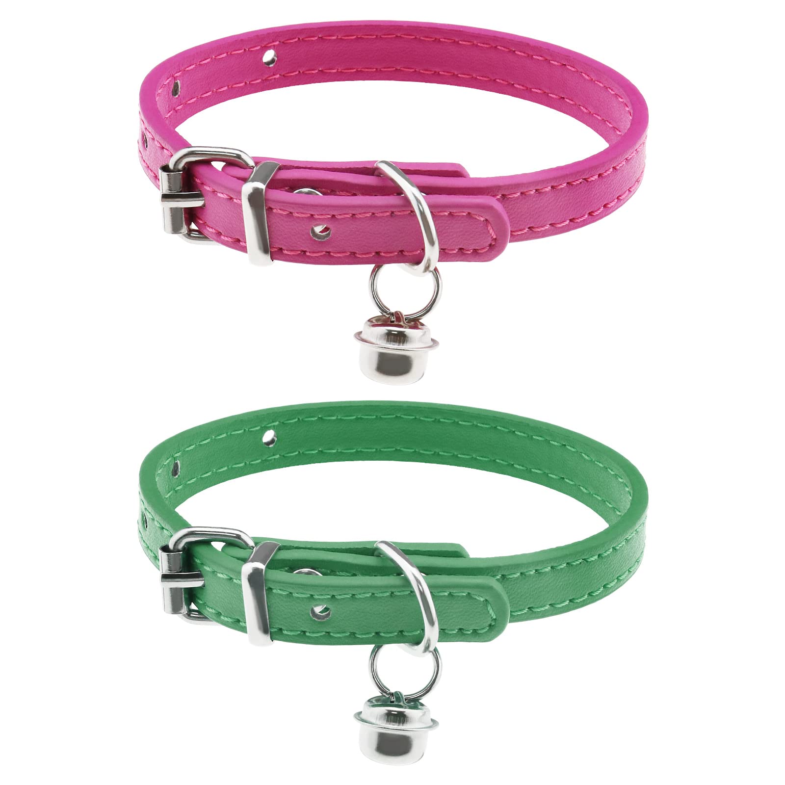 ECSiNG 2PCS Cat Collar with Bell PU Leather Comfortable Kitten Collars for 15~23cm Neck Size Adjustable Length Small Pets Supplies 1cm Width Rose Red & Green