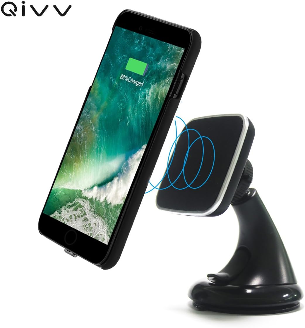 Magnetic Wireless Charger Car Kit,QIVV Wireless Car Charging Pad Dock,Mobile Cell Phone Air Vent/Windshield Vehicle Mount Holder Cradle with Magnetic Wireless Charging Case for iPhone 7/6/6s (Qi)