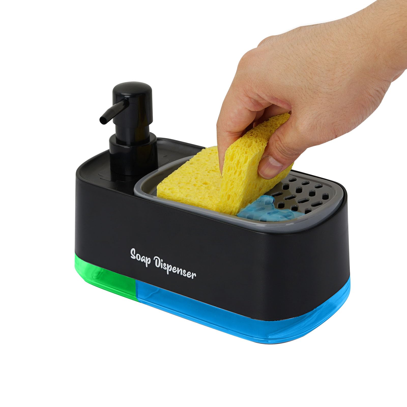 Acrylicc Dish Soap Dispenser Kitchen,2-in-1 Countertop Dish Soap Dispenser Set,Black Hand Washing Liquid Dispenser Set with 1 Sponge Holder,for Kitchen Sink Bathroom Countertop Storage Organizer