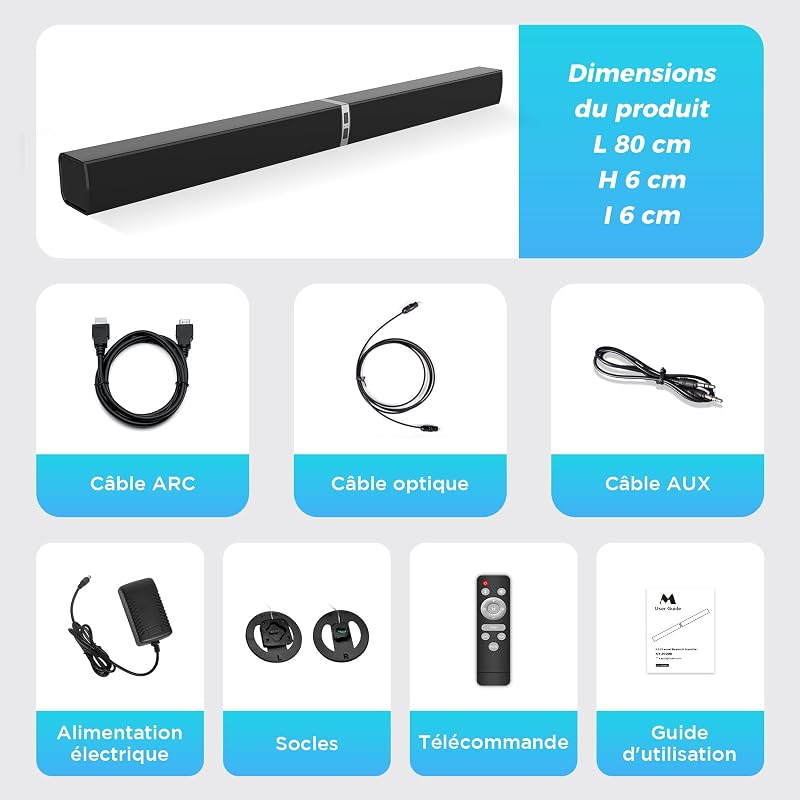 Barre de Son 2.0 canaux pour téléviseurs, Barre de Son 2 en 1 Divisible 32 Pouces pour TV Barre de Son Bluetooth avec 3 Modes EQ et Son Surround 3D, Barres de Son Arc/Optique/AUX, 1pcs — photo 8 sur 8