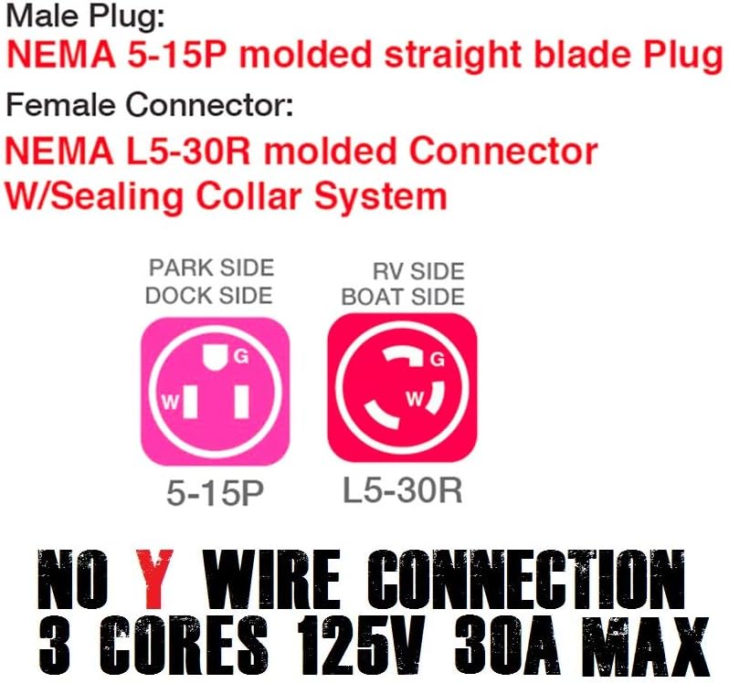 Marvine Cable Shore Power Cord Adapter 15Amp Male 5-15P to 30Amp Lock Female L5-30R Pigtail 1.5Ft: Home Audio & Theater