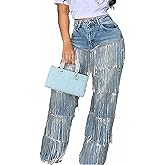 pnahip Women's High Waisted Sequin Fringe Jeans Baggy Straight Leg Sparkly Tassels Denim Pants Y2K Streetwear