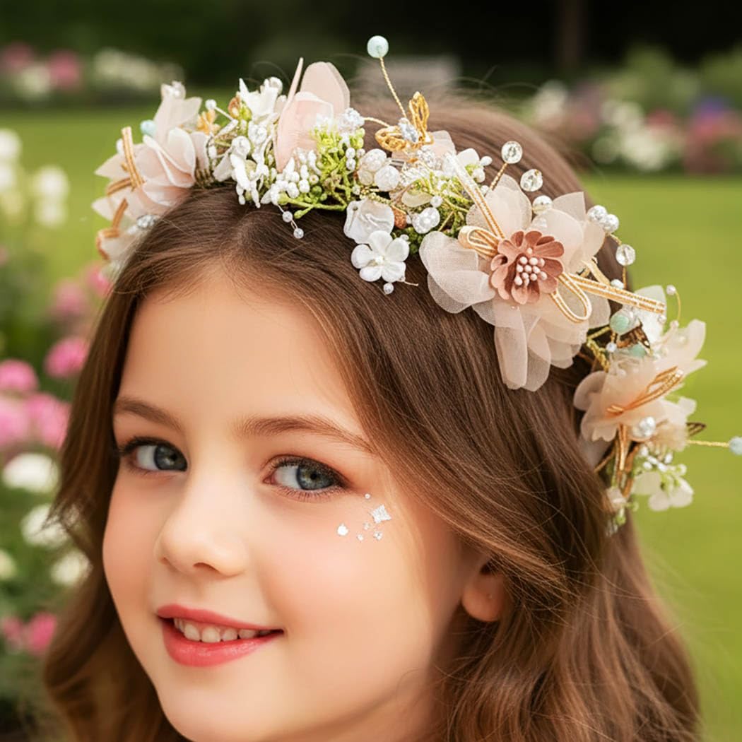 IYOU Flower Girl Hair Accessories Pink Flower Leaf Headband Communion Heapiece for Princess Costume Wedding