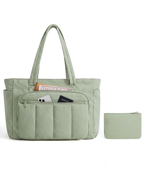 BAGSMART TOTE BAG FOR WOMEN, 2 SET PUFFER TOTE BAG WITH ZIPPER, QUILTED NURSE HANDBAGS FOR WORK TRAVEL COLLEGE, GREEN