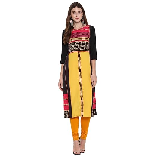Womens Black & Yellow Crepe Straight Calf Length Ethnic Printed Kurti(AD-002_Black & Yellow)