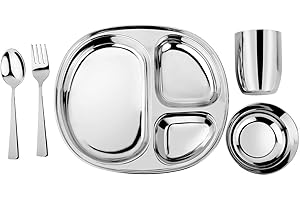 Ahimsa Stainless Steel Kids Dinnerware Set, Pediatrician Designed, 5 Piece Toddler Plates and Bowls Set, Stainless Steel Divided Plate, Cup and Kids Utensils