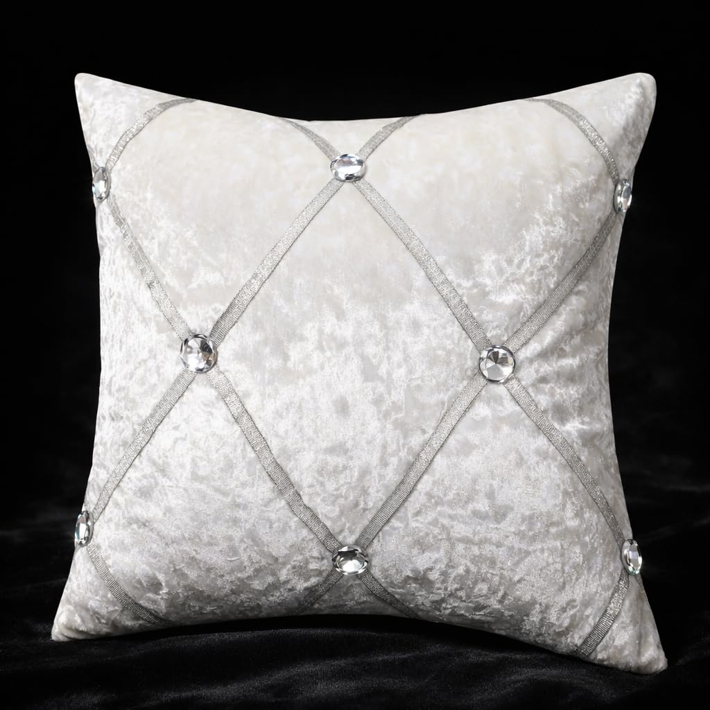 Anything 4 you Velvet Cushion Covers 45x45 cm Set of 2 – Cream White Diamante Throw Pillow Covers, Luxury Decorative Sofa Cushion Covers with Rhinestones for Living Room Bedroom