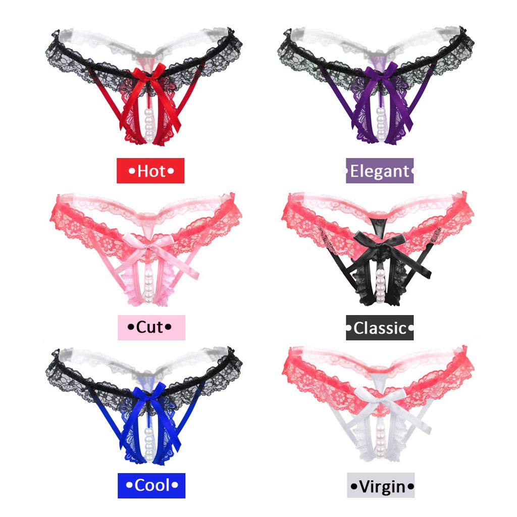 KHUFUZI Women\'s Pearl Panties Sexy Lace Crotchless Lingerie Plus Size Thong for Women (PurpleBlack)