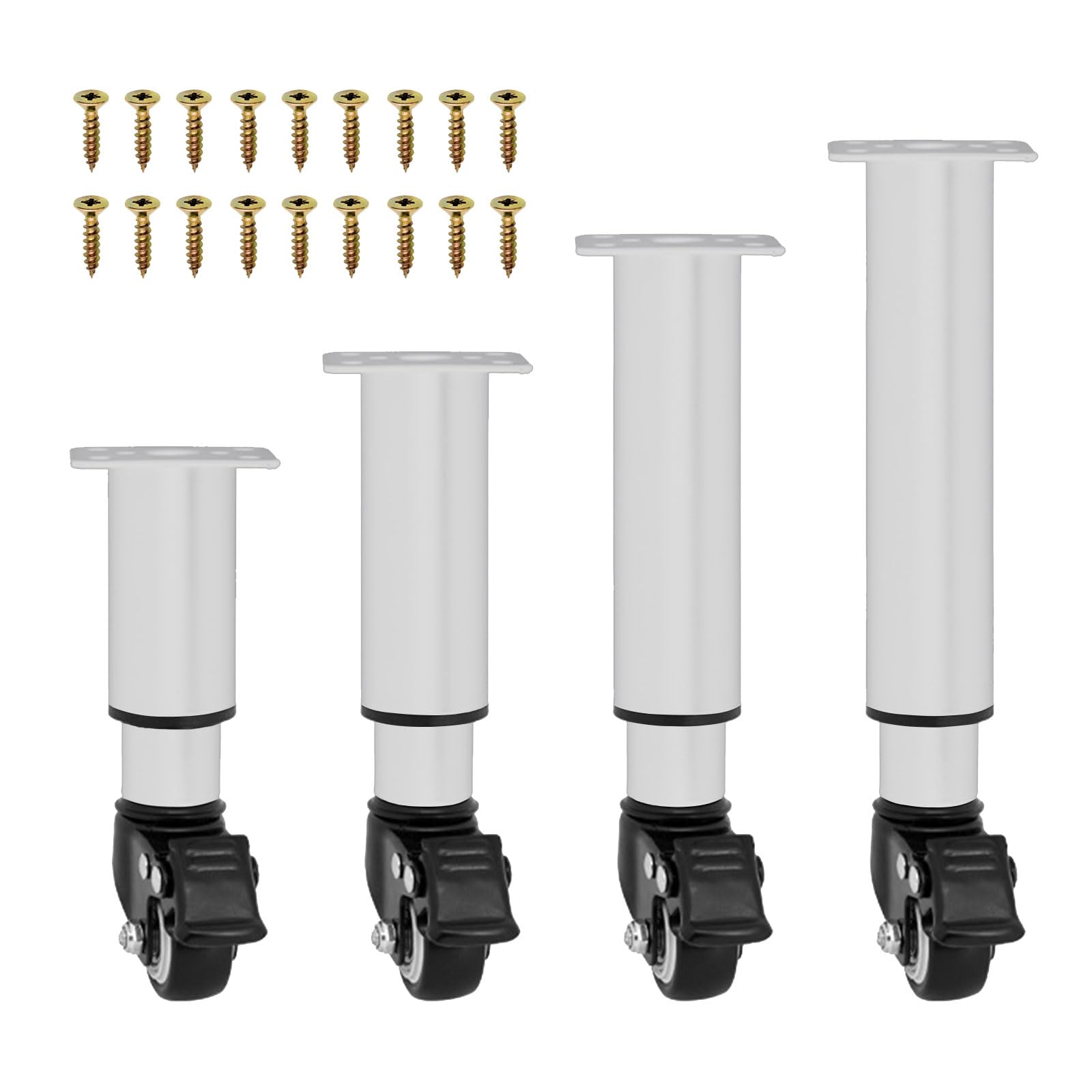 WMYYLX Metal Adjustable Furniture Legs with Swivel Caster Wheels, 4Pcs Heavy Duty Replacement Furniture Support Legs for Cabinet Sofa Bed Dresser Couch Coffee Table (White, 24.5-36cm)