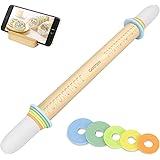 Geesta Adjustable Wood Rolling Pin with 5 Thickness Rings, Precise Dough Roller Handle Press Design with Measurement Guide fo