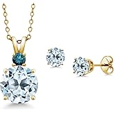 Gem Stone King 18K Yellow Gold Plated Silver Round Sky Blue Topaz and Blue Diamond Pendant and Earrings Jewelry Set For Women (6.32 Cttw, Gemstone Birthstone, with 18 Inch Chain)