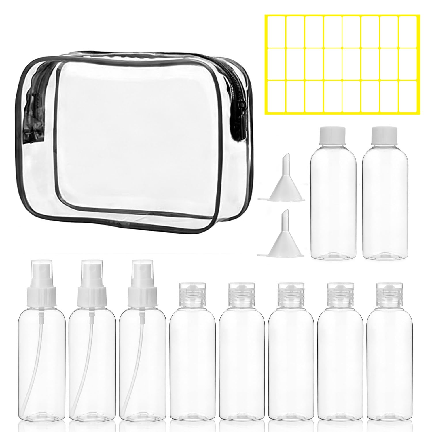 Roosea 10Pcs Travel Bottles for Toiletries, Travel Size Toiletries 100ml, Leak Proof Refillable Travel Containers for Travel Makeup with Labels, Funnel and Toiletry Bag — image 1