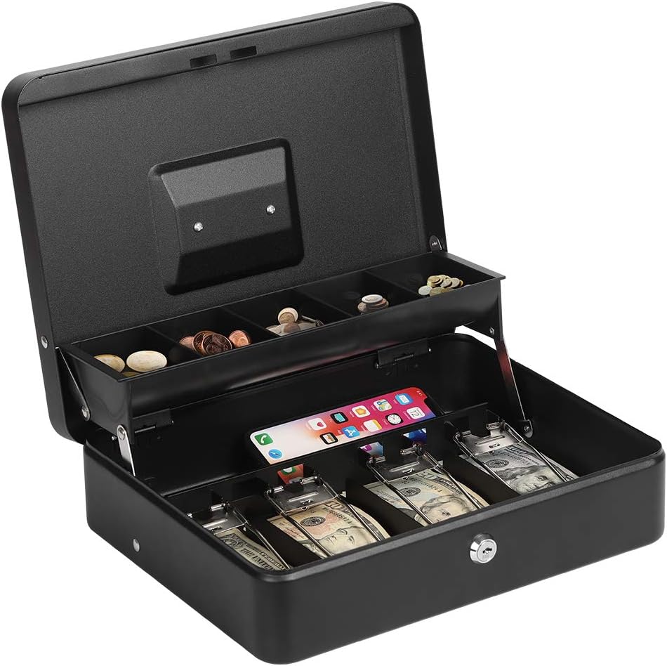 Cash Box with LockLarge Size Money Box with Money Tray Durable Steel Money Safe Boxes Metal Money Box with 2 Keys, Black