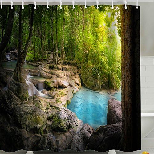 Spring Tree Shower Curtain Fabric,Green Nature Scene Forest Jungle Rock Waterfall Bath Curtain 3D Art Ptinting,Polyester Waterproof Mildew Resistant Bathroom Accessories with Hooks,72x72,Brown,Blue