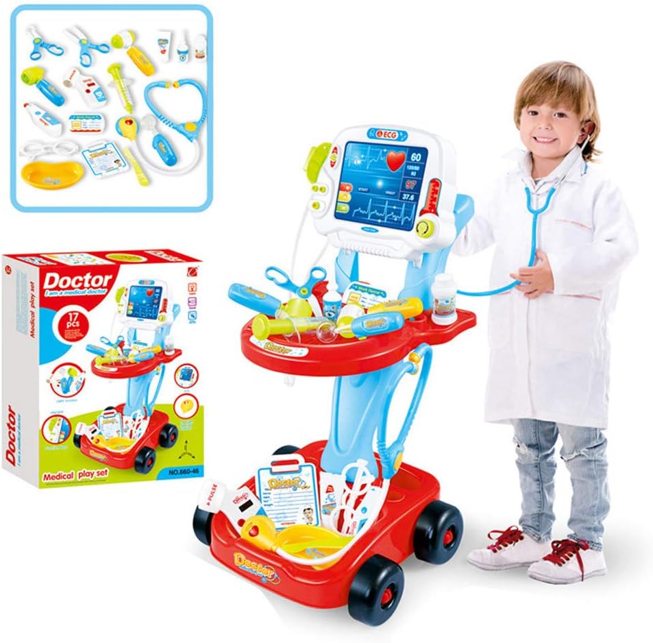 Doctor Kit for Kids, Toddler Electric Simulation Medical Trolley Pretend Playset with Analog Scanner Accessories Role Play Preschool Educational for Boy Girl Age 3+ Year Old (Red | 17Pcs | Updated)