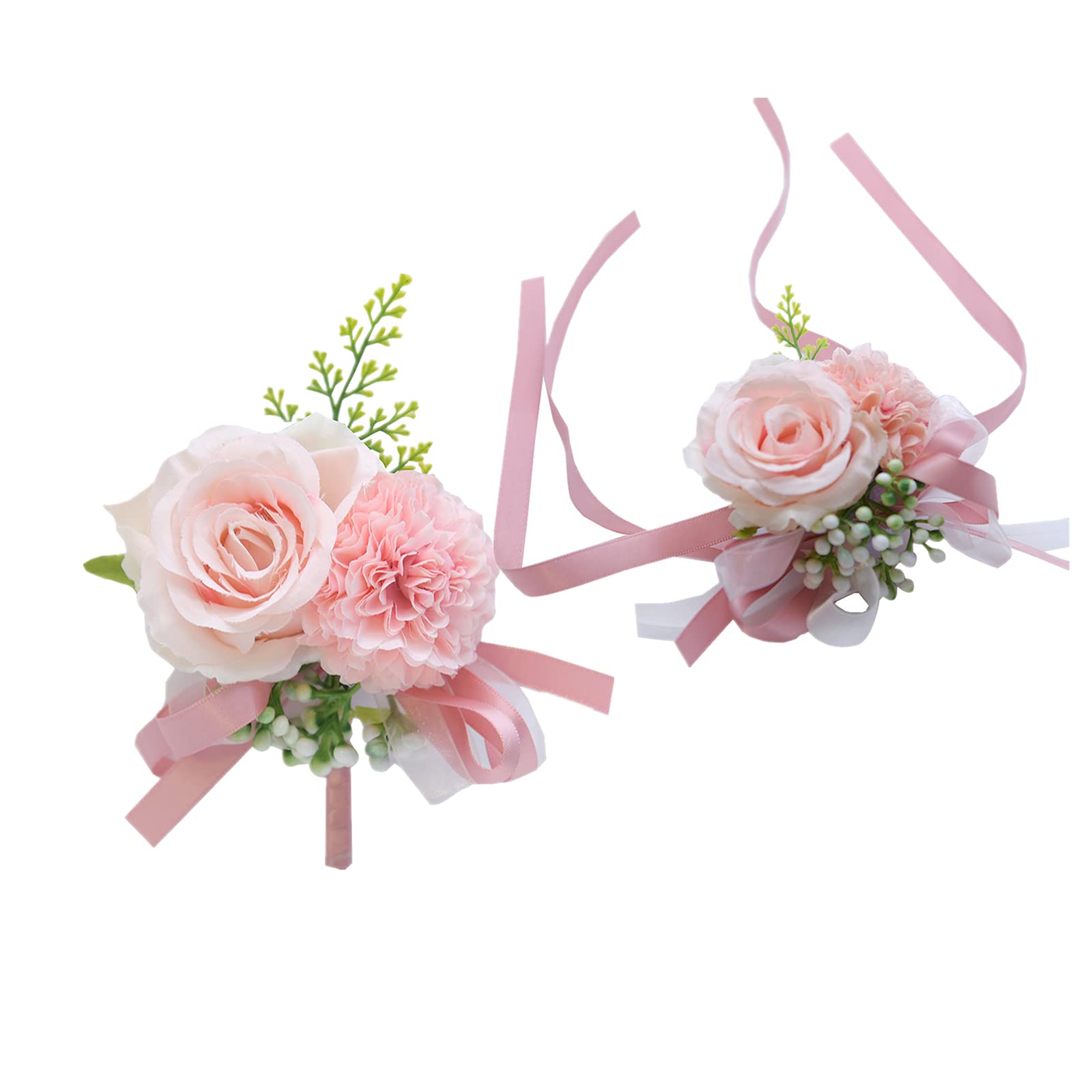Rikyo 2 Pack Flower Wrist Corsage Boutonniere Set,3" Artificial Rose and Carnation Wrist Corsage and Men Boutonniere Set,Handmade Silk Flower for Wedding Flowers Accessories Prom Suit Decor (Pink)