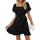 SAMPEEL Womens Summer Dresses Square Neck Puff Sleeve Tie Waist Short Dress