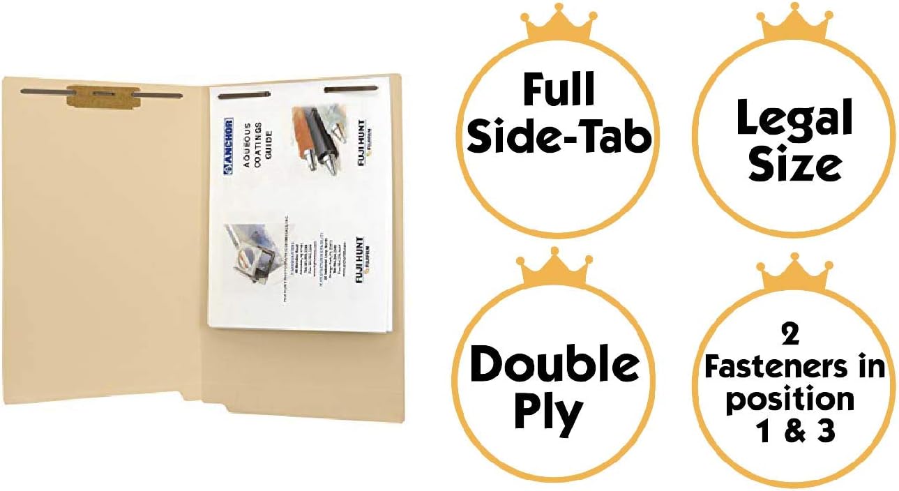 The File King - Manila File Folder - Legal Size - Full Side Tab with 2 Fasteners in Positions 1 and 3 for Shelf Filing - Box of 50 : Office Products