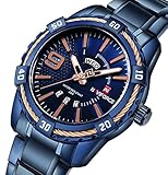 Men Watch Casual Sport Blue Wristwatch Stainless Steel Band With Week and Calendar Waterproof