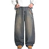 DFGIGT Hip Hop Baggy Jeans for Men Stylish Wide Leg Skater Jeans Loose Fit Denim Pants Streetwear