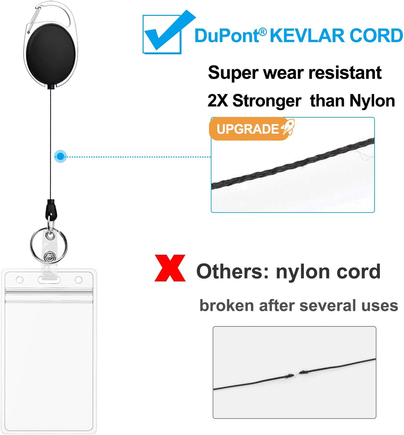 2 Pack Heavy Duty Retractable Badge Holders with Carabiner Reel Clip and Vertical Style Clear ID Card Holders, 24 inches Thick Kevlar Pull Cord : Office Products